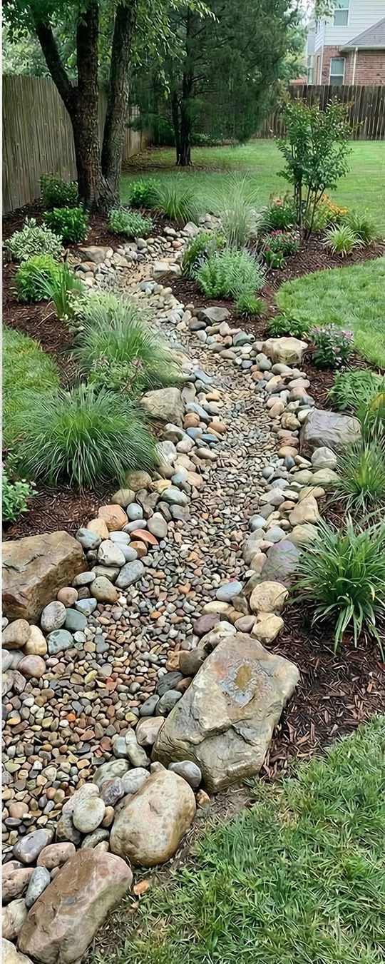 After: clean creek bed drainage installed to move water away from the home.